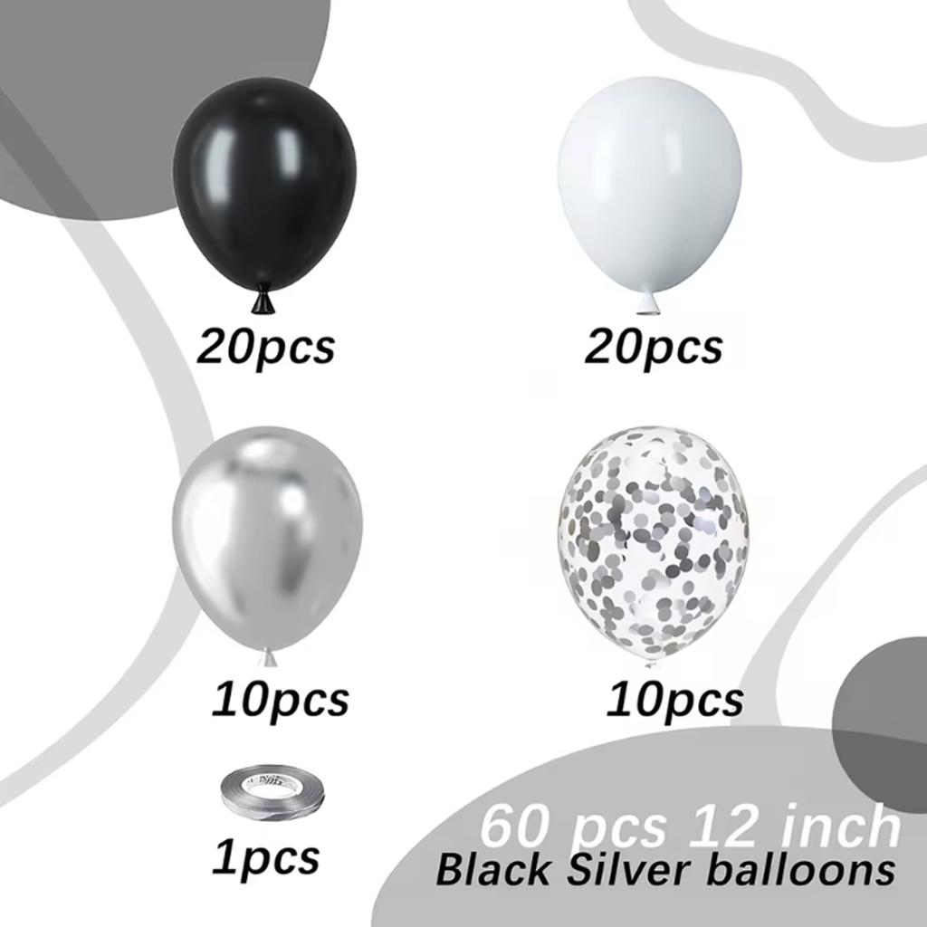 60pcs 12 inch black silver balloons with silver confetti, suitable for weddings, birthdays, pop parties, bridal showers parties