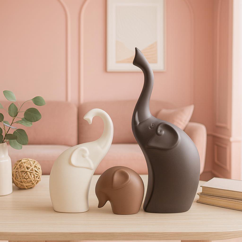 Xtore Home Decor Elephant Family Matte Finish Ceramic Figures - (Set of 3 Piece, Matte Brown)