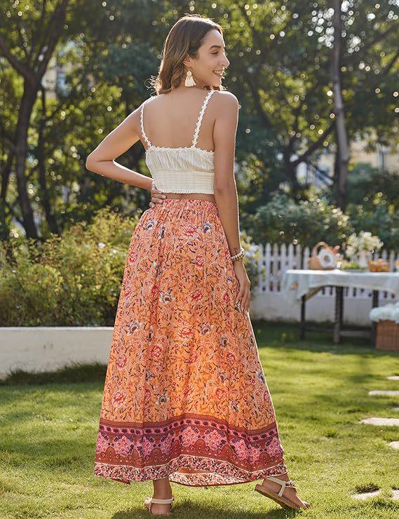 Women's 2025 Bohemian Floral Print Pleated Maxi Dress with Elastic High Waist