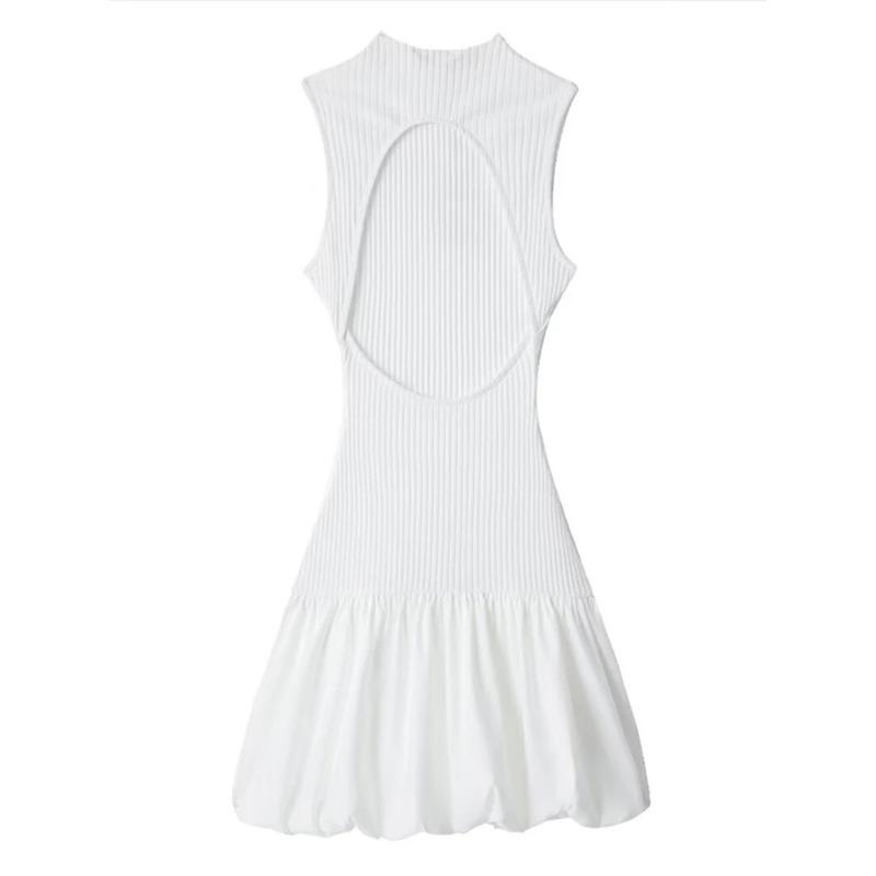 Sexy Knit Mini Dress Women Elegant Backless Sleeveless Puffy Dresses Female 2024 Spring Summer Party Fashion White Short Robe