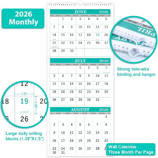 3 Month 2026 Calendar - 2026 Wall Calendar from January 2026 - December 2026, 3-Month Display Calendars (Folded In a Month), 11.3" X 26" (When