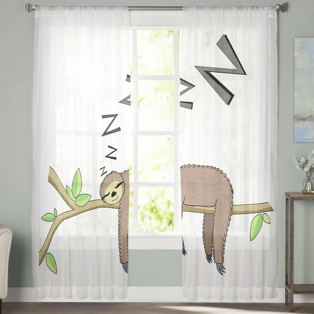 Animal Cute Sloth Cartoon Luxury Tulle Curtains Modern Living Room Kitchen Chiffon Curtain Bedroom Sheer Valance Curtain