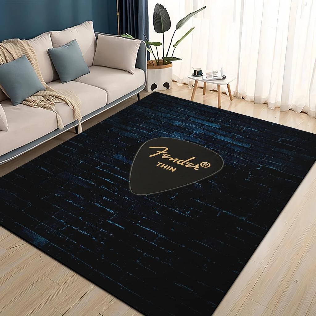 Alfombra 3D Retro con logo Fender para Instrumentos de Guitarra Música para Sala de Estar Dormitorio Hogar Decoración de Sofá, Alfombra de Piso Antideslizante para Niños