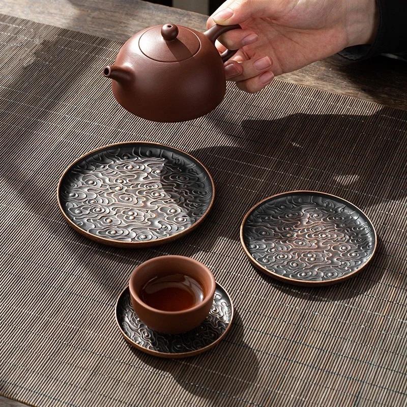 Retro Alloy Round Square Coaster Tea Set Accessories Lucky Cloud Pattern Cup Holder Insulation Pad Coffee Mat Desktop Decoration