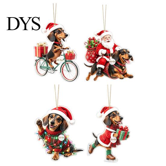 Hanging Decorations for Car Rearview Mirrors Dachshund Christmas Ornaments, 2D Flat Dog Themed Acrylic Xmas Durable Pendants Tree Decoration
