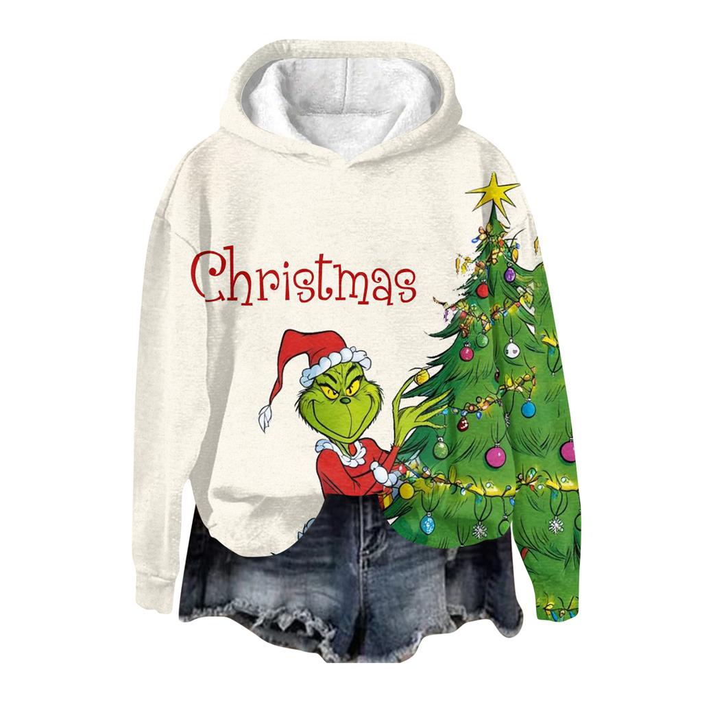 Ladies' Christmas Greentown Print Casual Long Sleeved Hooded Sweatshirt Top