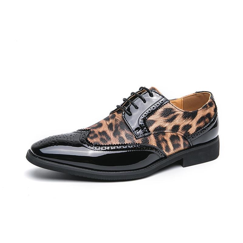 Large size men's leather shoes men's European, American leopard print men's shoes foreign trade new men's glossy casual lace-up small leather shoes