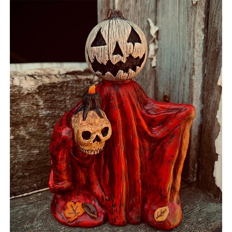 Halloween Pumpkins Head-Wizard Statue Resin Spookys Pumpkins Ghosts Cloak-Wizard Mystical Cloaked Figure Tabletop Ornament