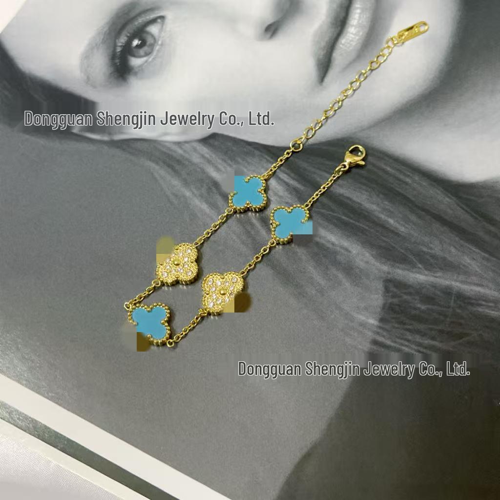 18k Gold 13mm Clover & Diamond Five-Flower Bracelet - Women's Simple, Versatile, Non-Fading Fashion Accessory