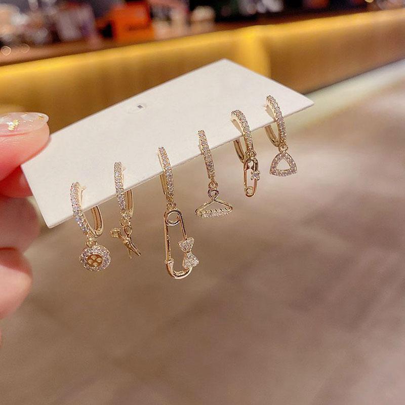 ANENJERY 6 Pieces/set Star Scissors Pin Bow Earrings Set Zircon Earring Korean Fun Ear Buckle Accessories