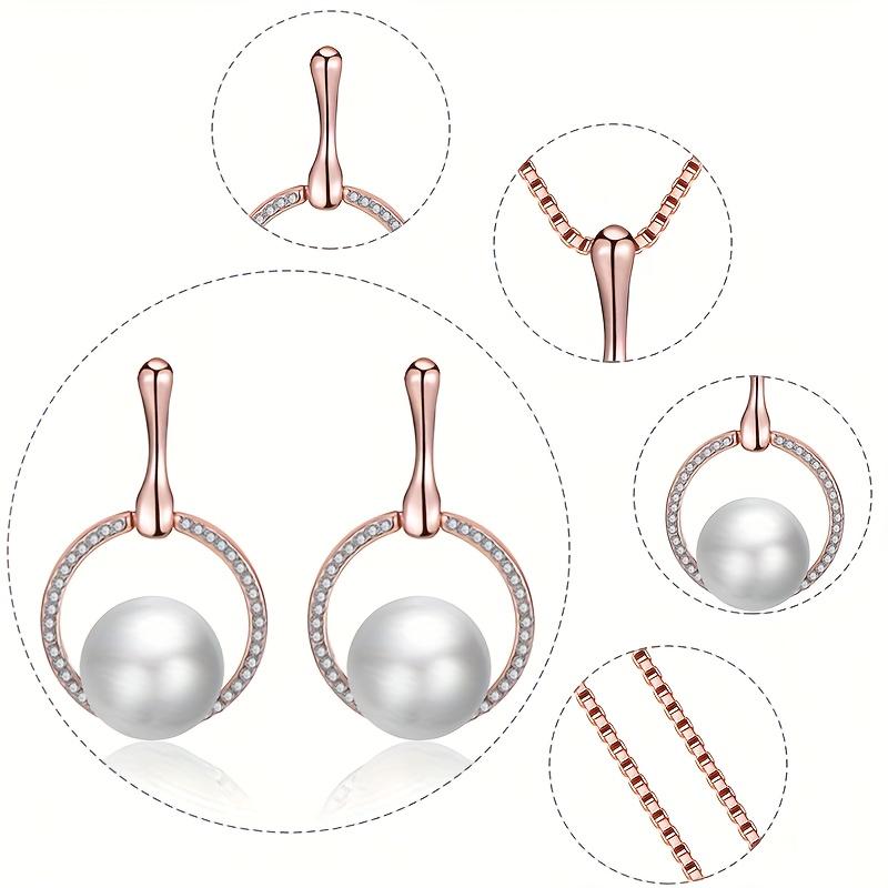 Round Imitation Pearl Pendant Necklace and Earrings Jewelry Set with Rhinestones, Birthday and Holiday Accessory Gift