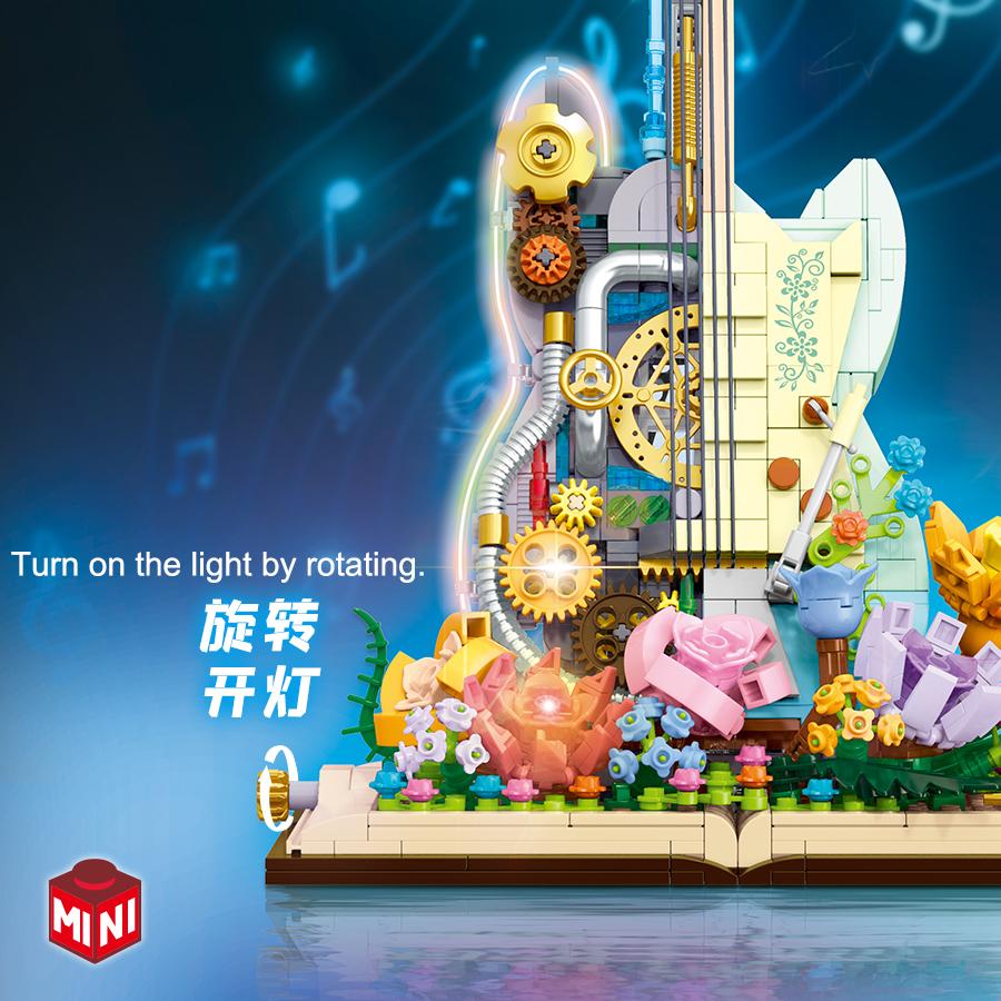 Non-Toxic Cool Electric Guitar With Lights Small Particle Building Blocks Flowers Bricks Musical Instrument Assembly Toy For Kids Gifts