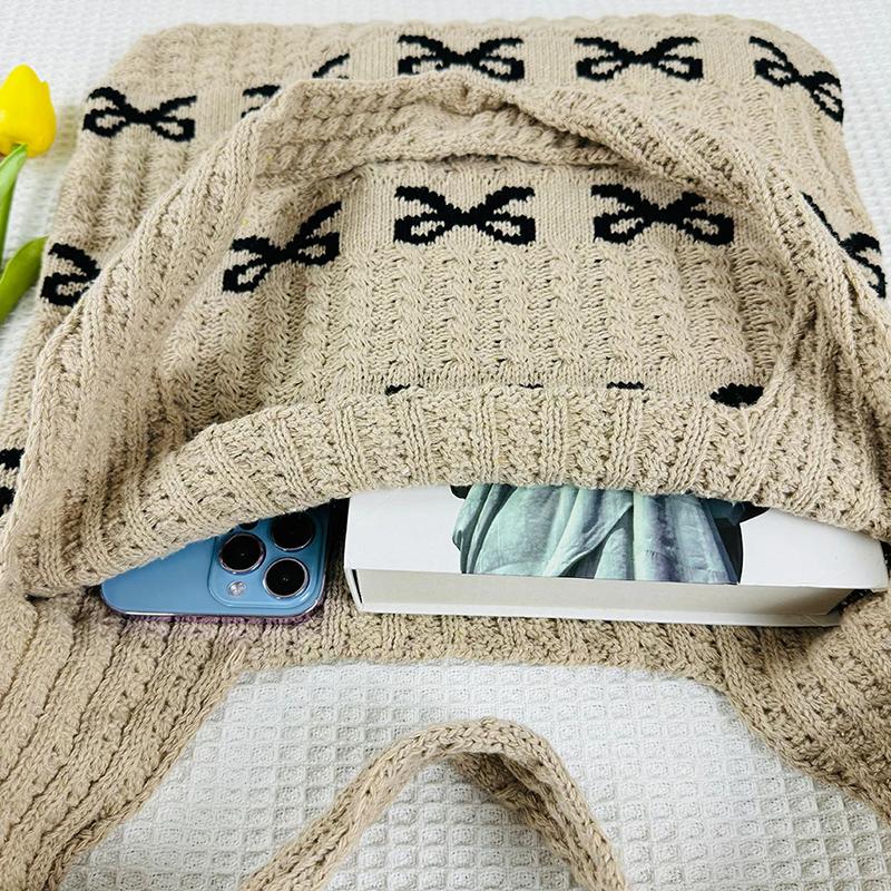 Yogodlns Women's Bow Shoulder Bag Aesthetics Crochet Handbag Purses Knitted Shopping Bag Summer Beach Bag Ladies Woven Tote Bags