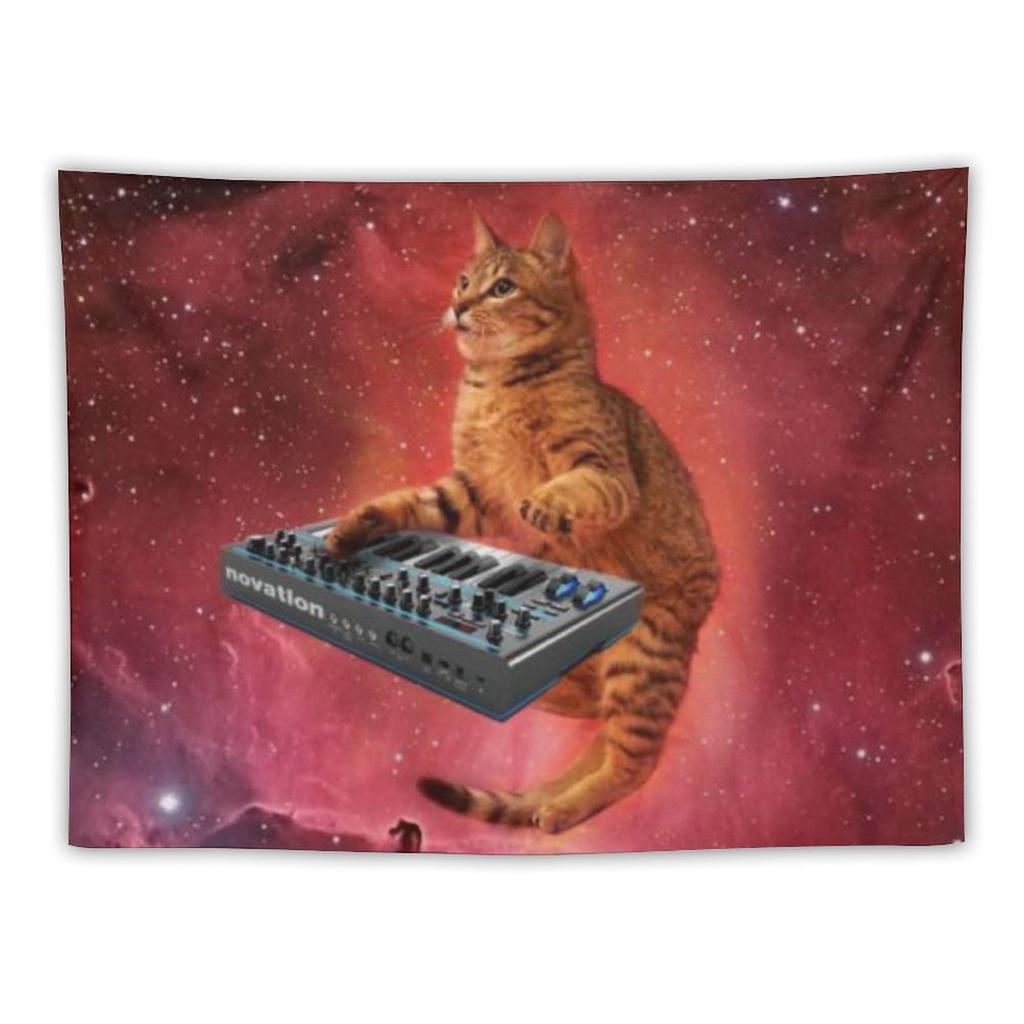 Whimsical Cat  Listening To Headphones Kitten Design Tapestry Room Decoration Home Decor Bedroom Wall Hanging Fabric