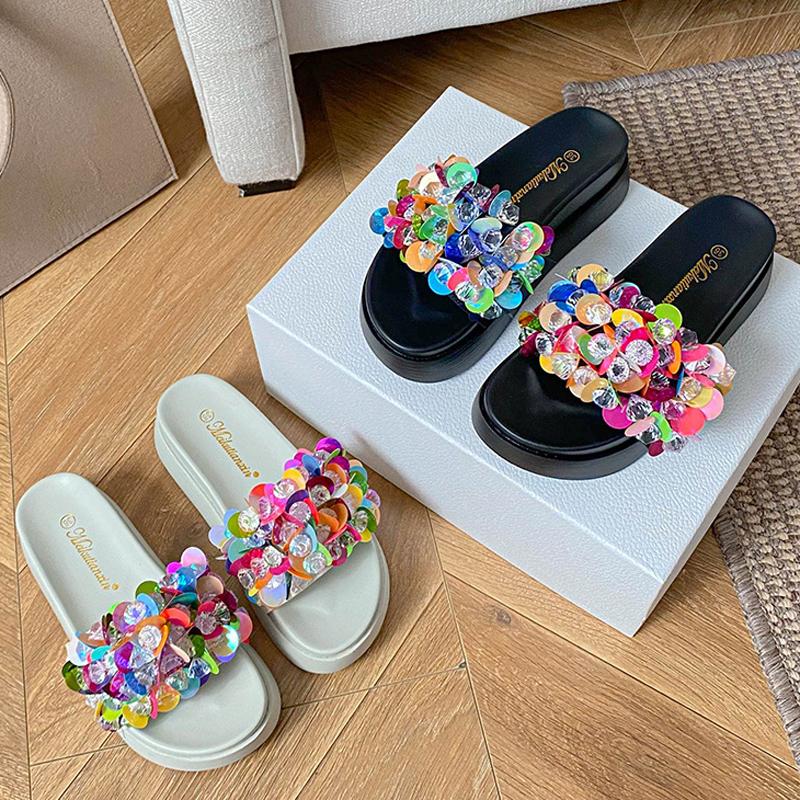 Fashion Thicken Soled Crystal&Paillette Platform Sandals Woman Flats Slip On Slippers Slip On Ladies Flipflops Open Toe Slides Pantuflas