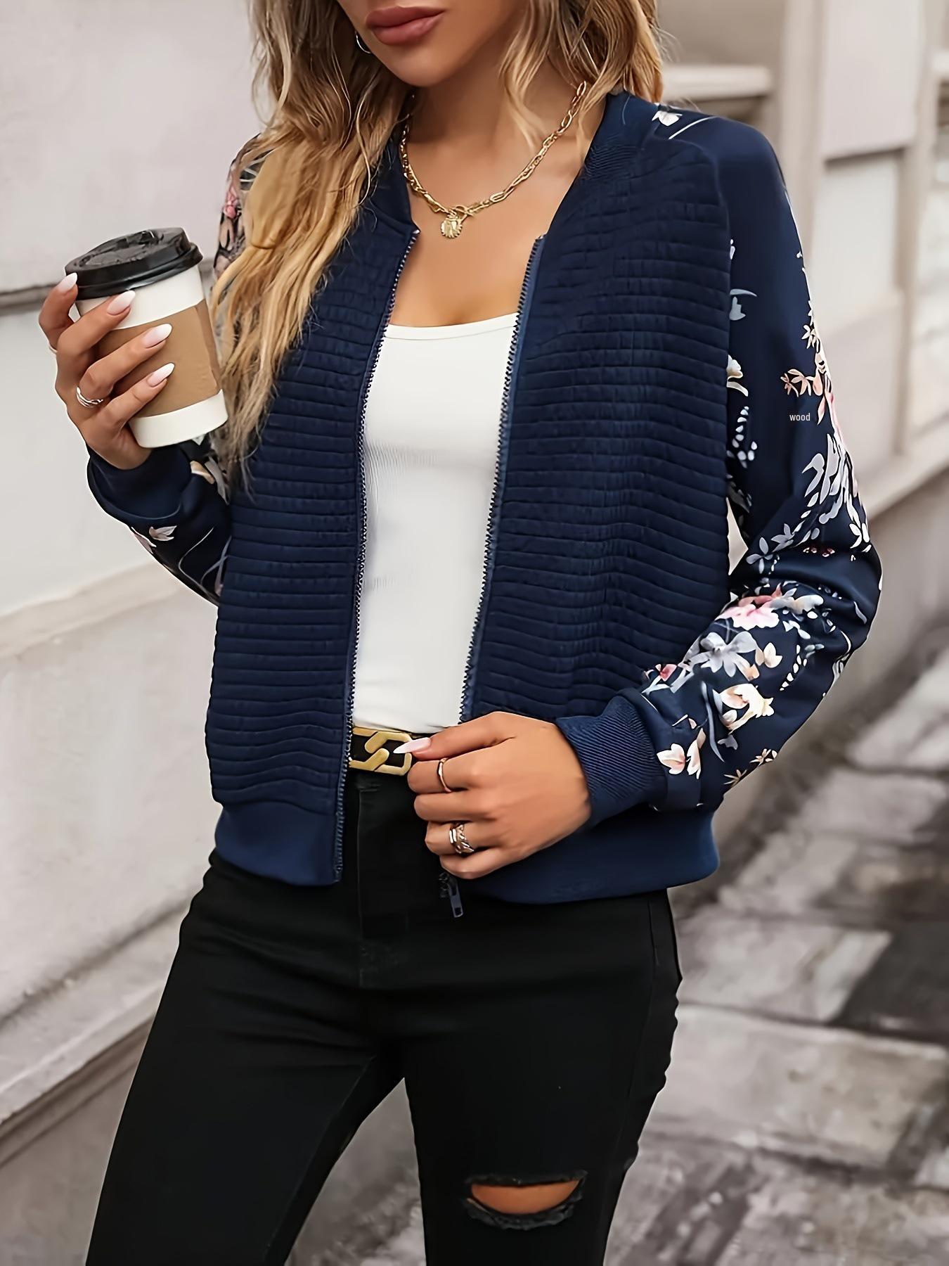 2026 Autumn/Winter Women s Long Sleeve Printed Casual Patchwork Zipper Jacket 2XL темно-синий