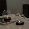 Romantic Transparent Candle Holder with Wooden Base Retro Oil Lamp Shape Round Candlesticks Tealight Dinner Table Decoration