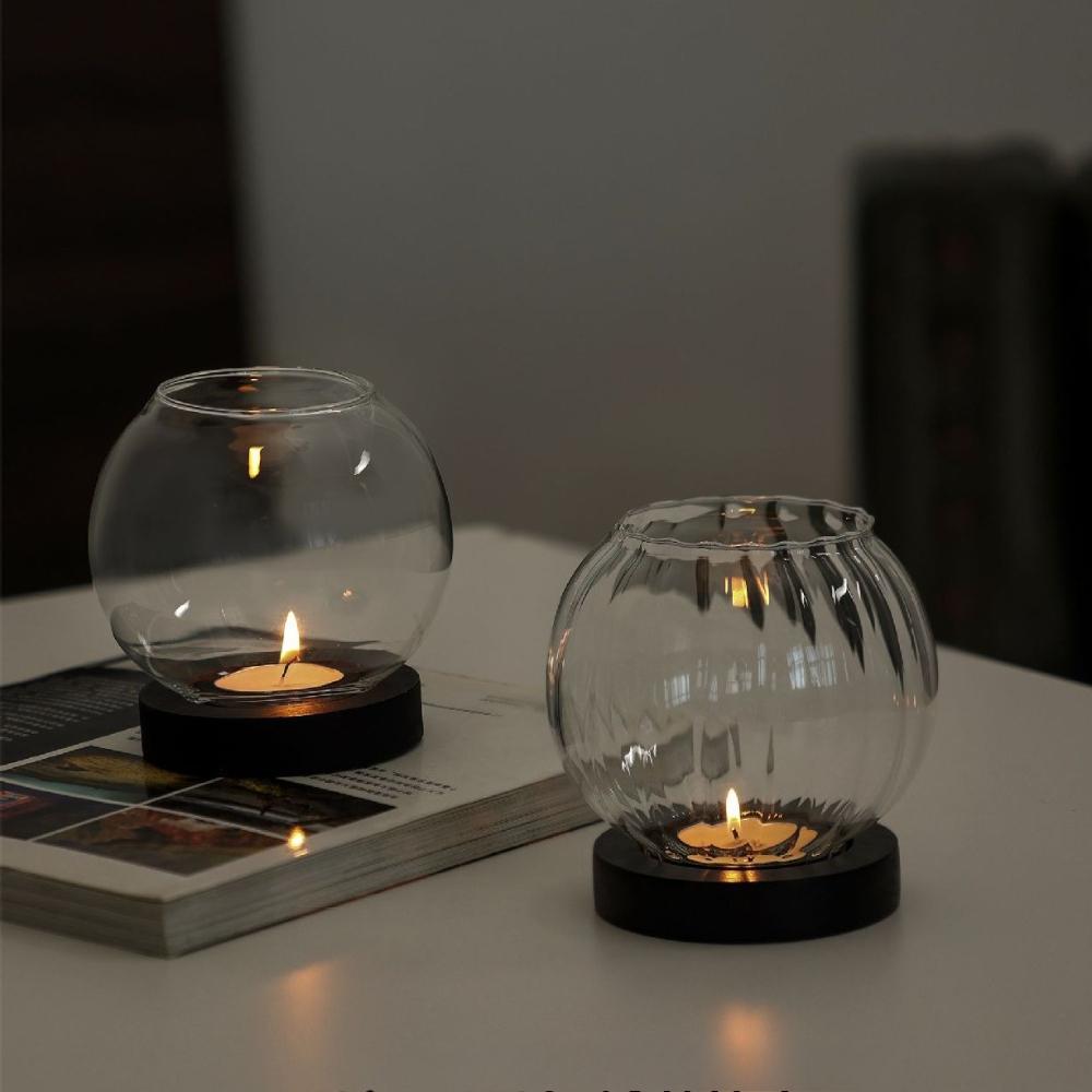 Romantic Transparent Candle Holder with Wooden Base Retro Oil Lamp Shape Round Candlesticks Tealight Dinner Table Decoration