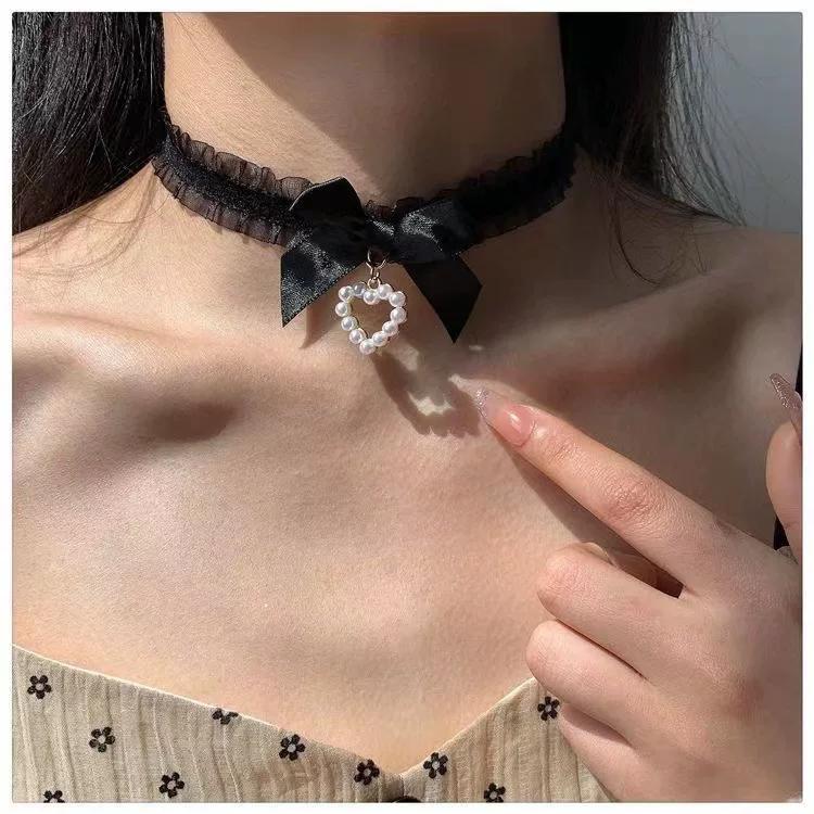 Black Lace White Bow Choker Necklace, Trendy Adjustable Clavicle Chain Neck Accessories for Girls