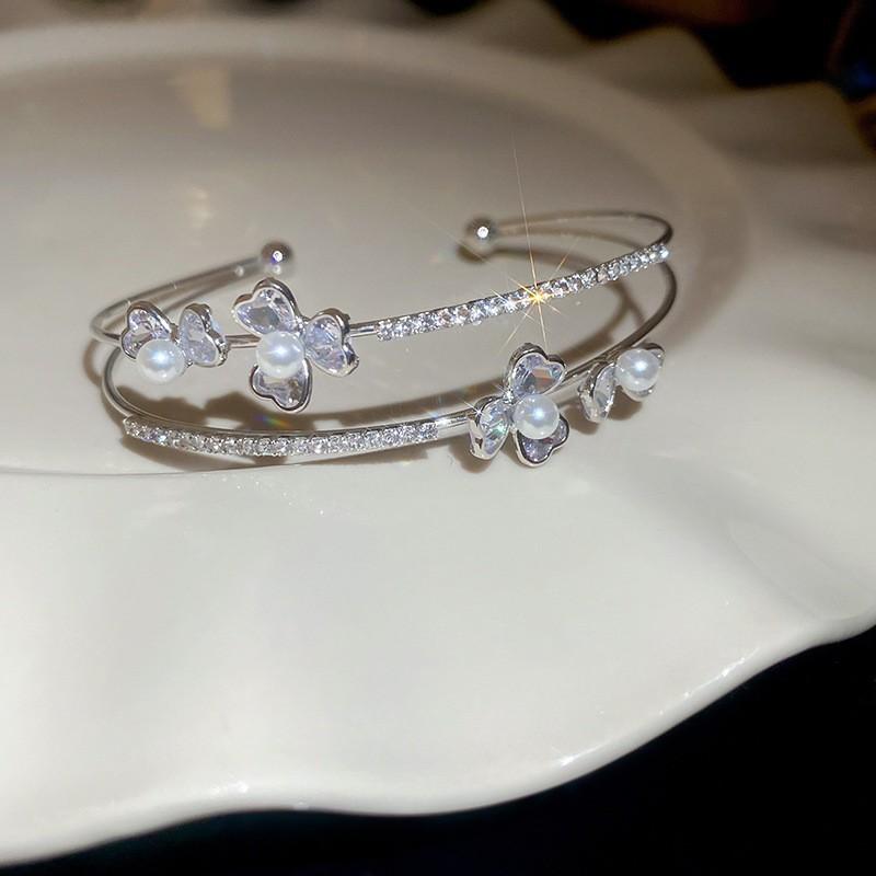 Super Flash Zircon Round Heart-shaped Flower Multi-layer Open Bracelet Exquisite and Beautiful Bracelet Light Luxury Jewelry Women