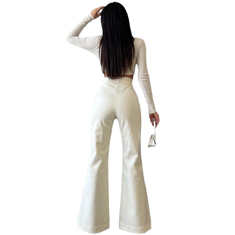 Fashion Sexy High Waist Trousers Flared Pants Leather Pants Women's