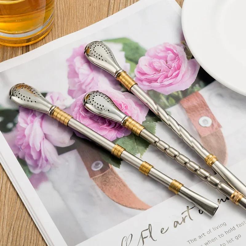 

Gold-plated Copper Ring Stainless Steel Reusable Straws Metal Washable Tea Filter Cocktail Drinkware Drinking Straw Tea Spoon