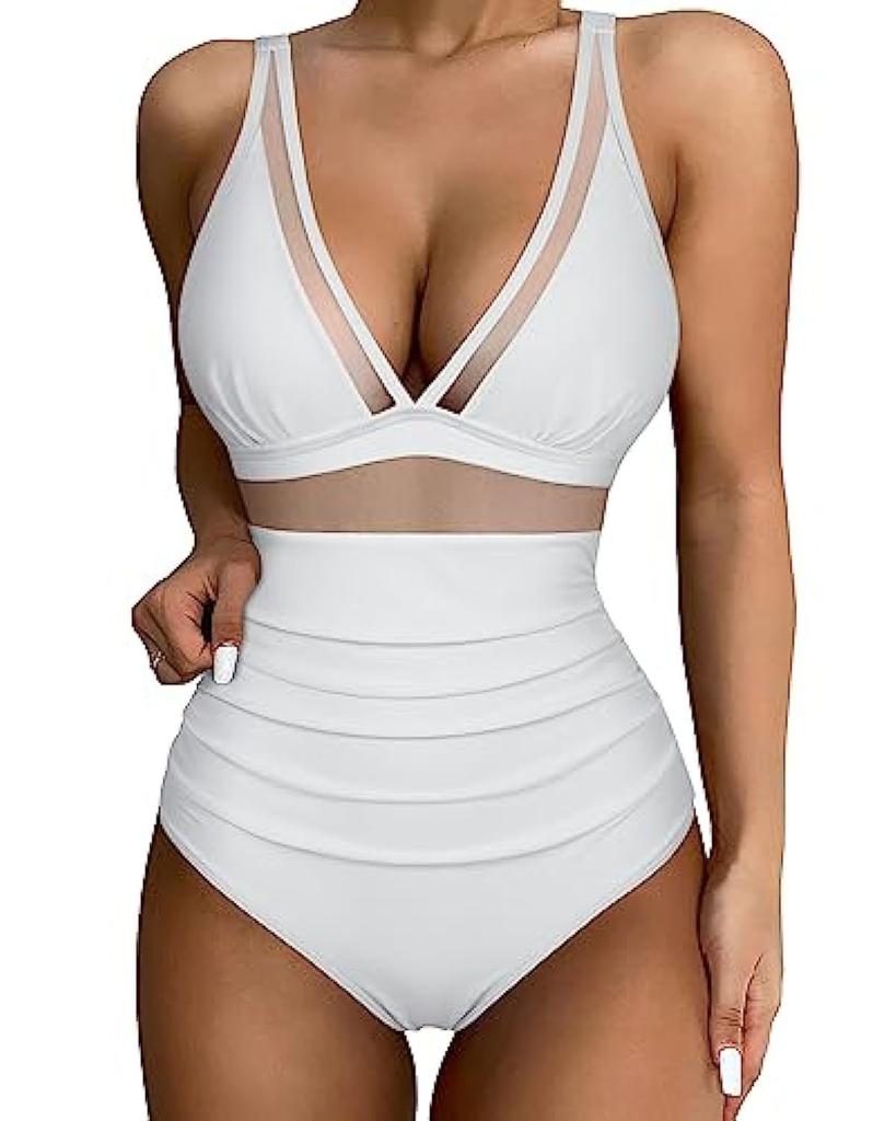 One-piece Swimsuit Sexy Hollow Mesh Deep V Gathering Perspective Bikini Swimsuit