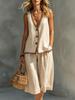 Women 2 Piece Outfit Sleeveless V Neck Button Vest & Capri Culottes Set Summer Holiday Casual Linen Look Suit