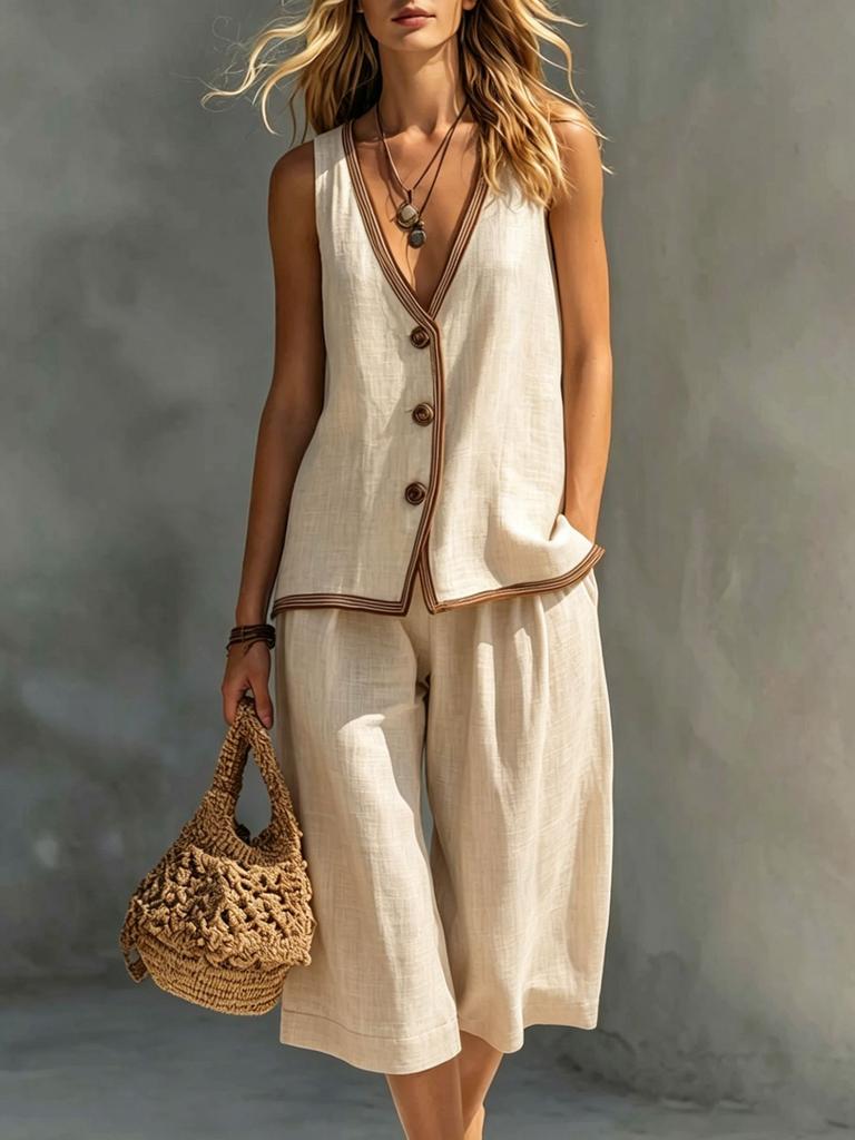 Women 2 Piece Outfit Sleeveless V Neck Button Vest & Capri Culottes Set Summer Holiday Casual Linen Look Suit