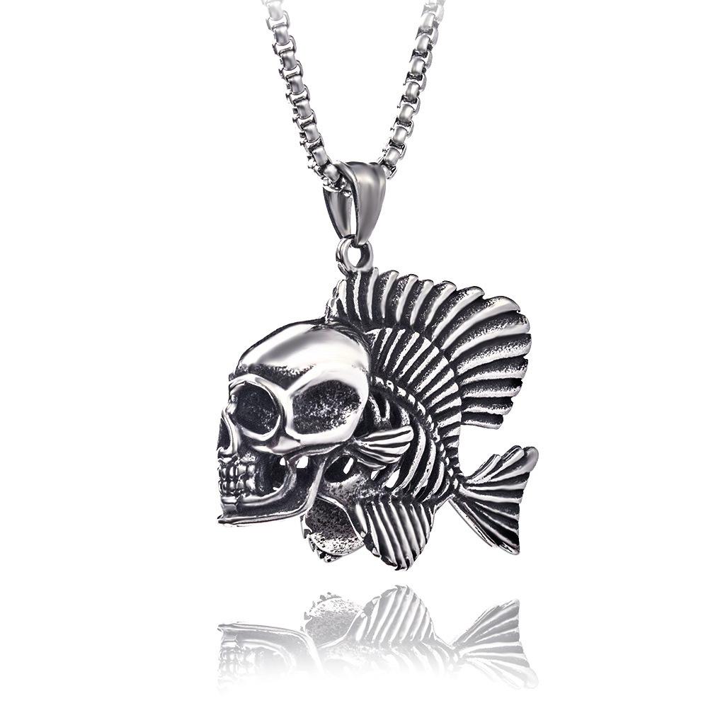 Vintage Men'S Street Nightclub Clownfish Stainless Steel Necklace Pendant, Hip Hop Big Skull Decoration