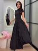 2026 Polka Dot Short Sleeve High Neck Slim Fit Elegant Long Dress for Women