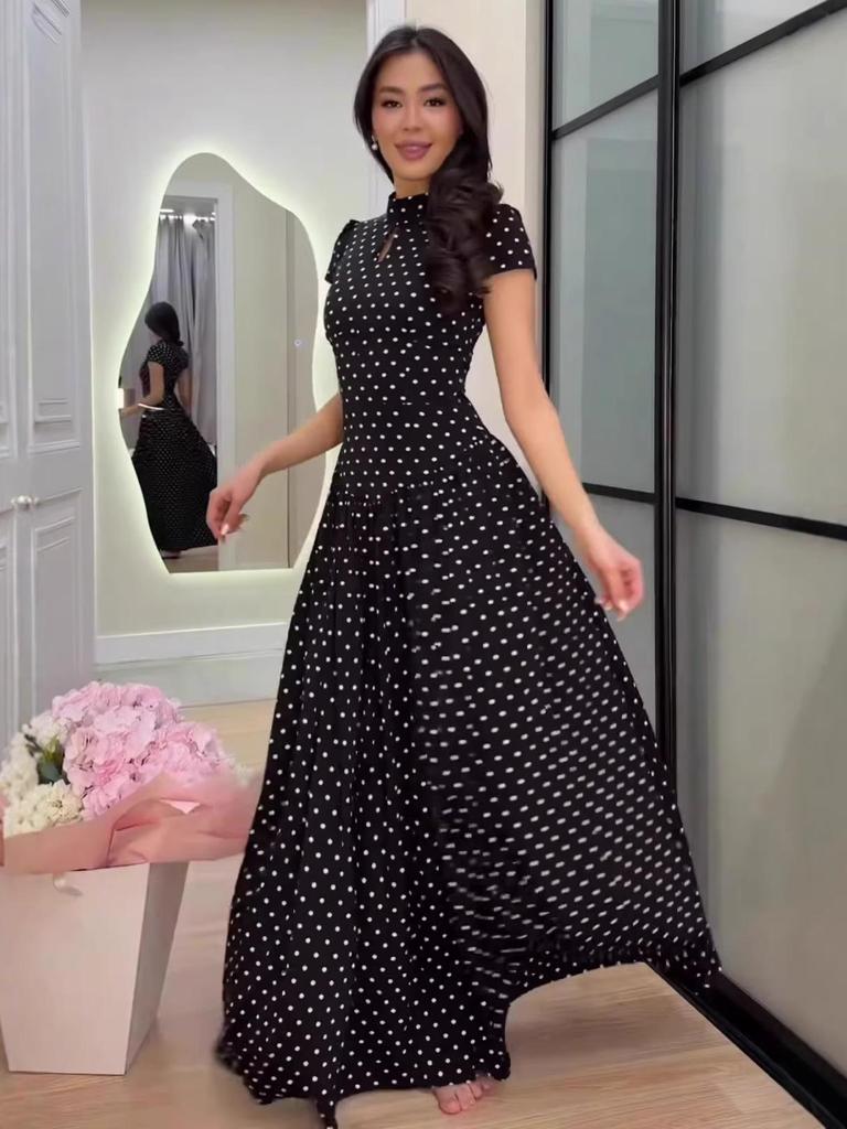 2026 Polka Dot Short Sleeve High Neck Slim Fit Elegant Long Dress for Women