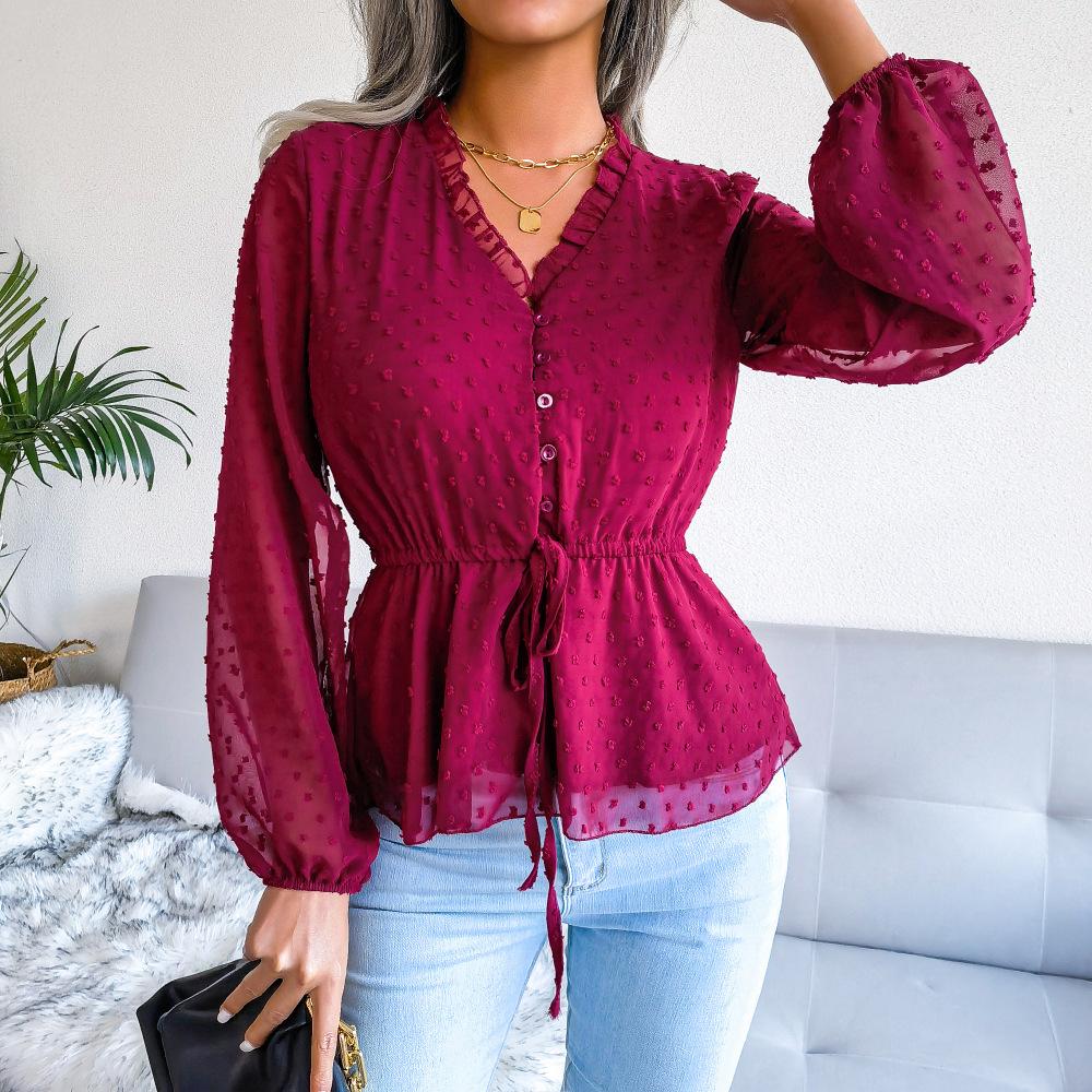 Casual Long Sleeve Chiffon Blouse V Neck Solid Color Summer Spring Waist Button Lantern Sleeve All Match Sizes S XL