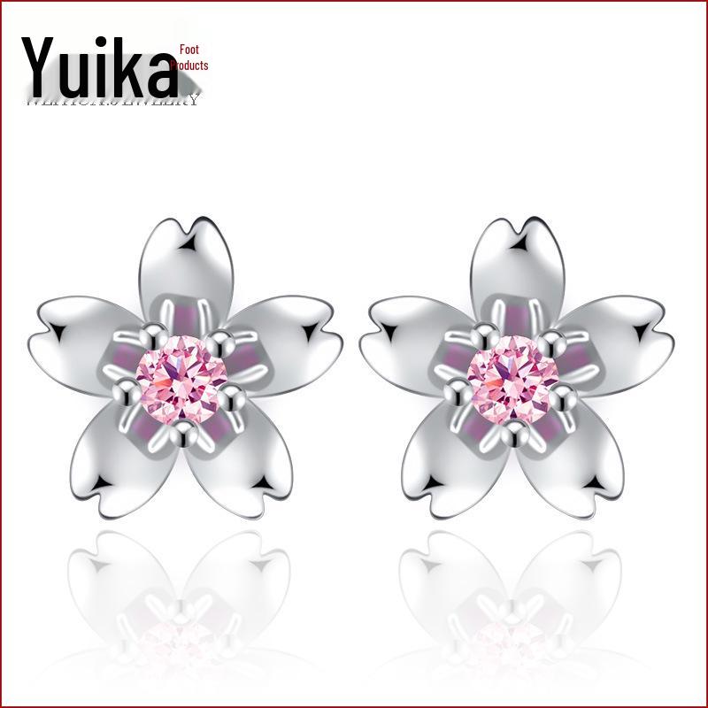 Guochao Peach Blossom Rose Flower Earrings with Pink Diamond-Plated Silver Studs for Women