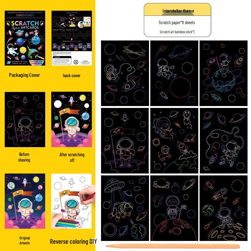 Conjunto Colorido de Arte Scratch: Livro de Rabiscos e Desenhos DIY de Desenho Animado para Crianças