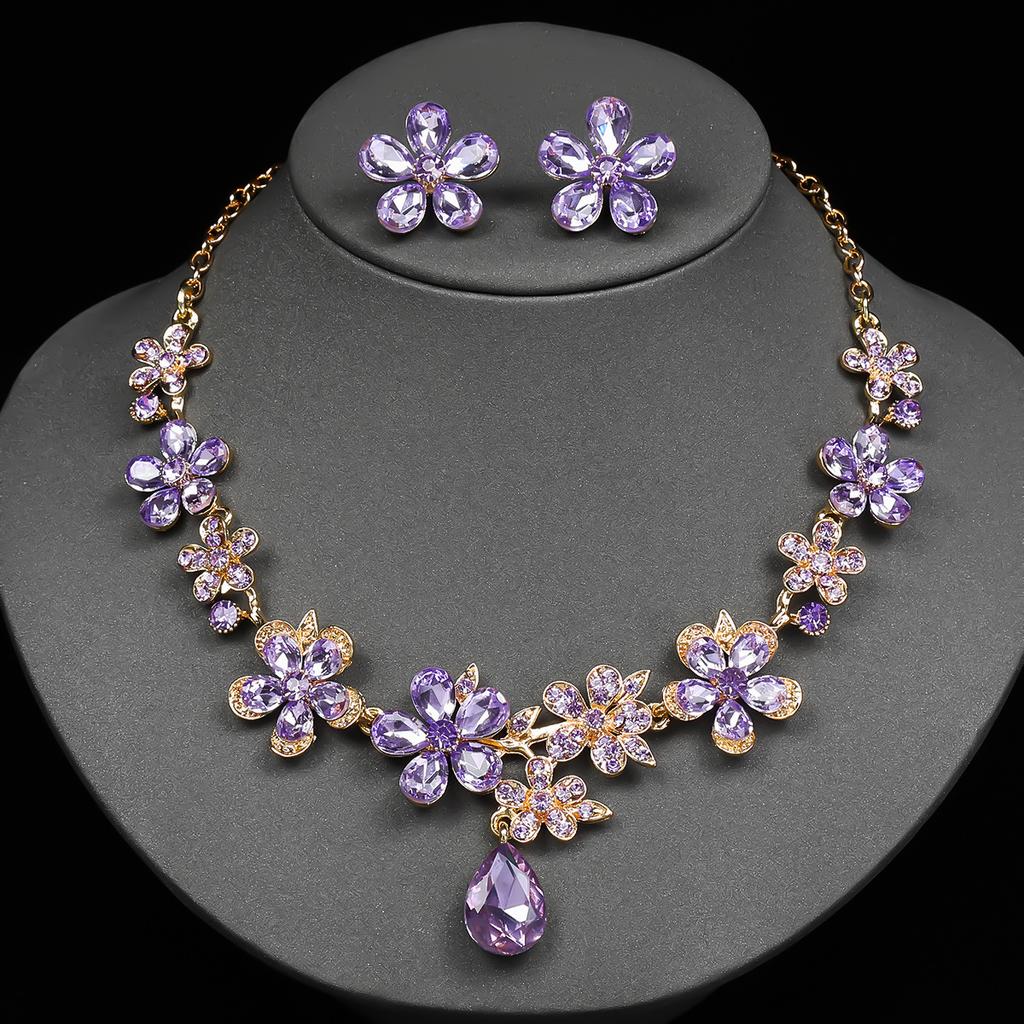 Vintage Floral Crystal Bridal Zircon Set European Luxury Wedding Earrings Necklace Waterproof Alloy Accessories for Women