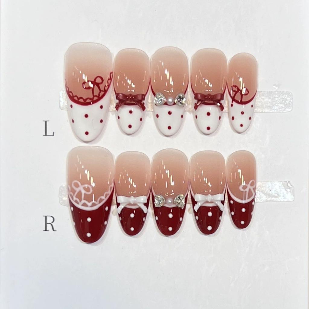 10Pcs French Almond Polka Dot Press On Nails With 3D Bow Handmade Fake Nail Tips Artificial Nails