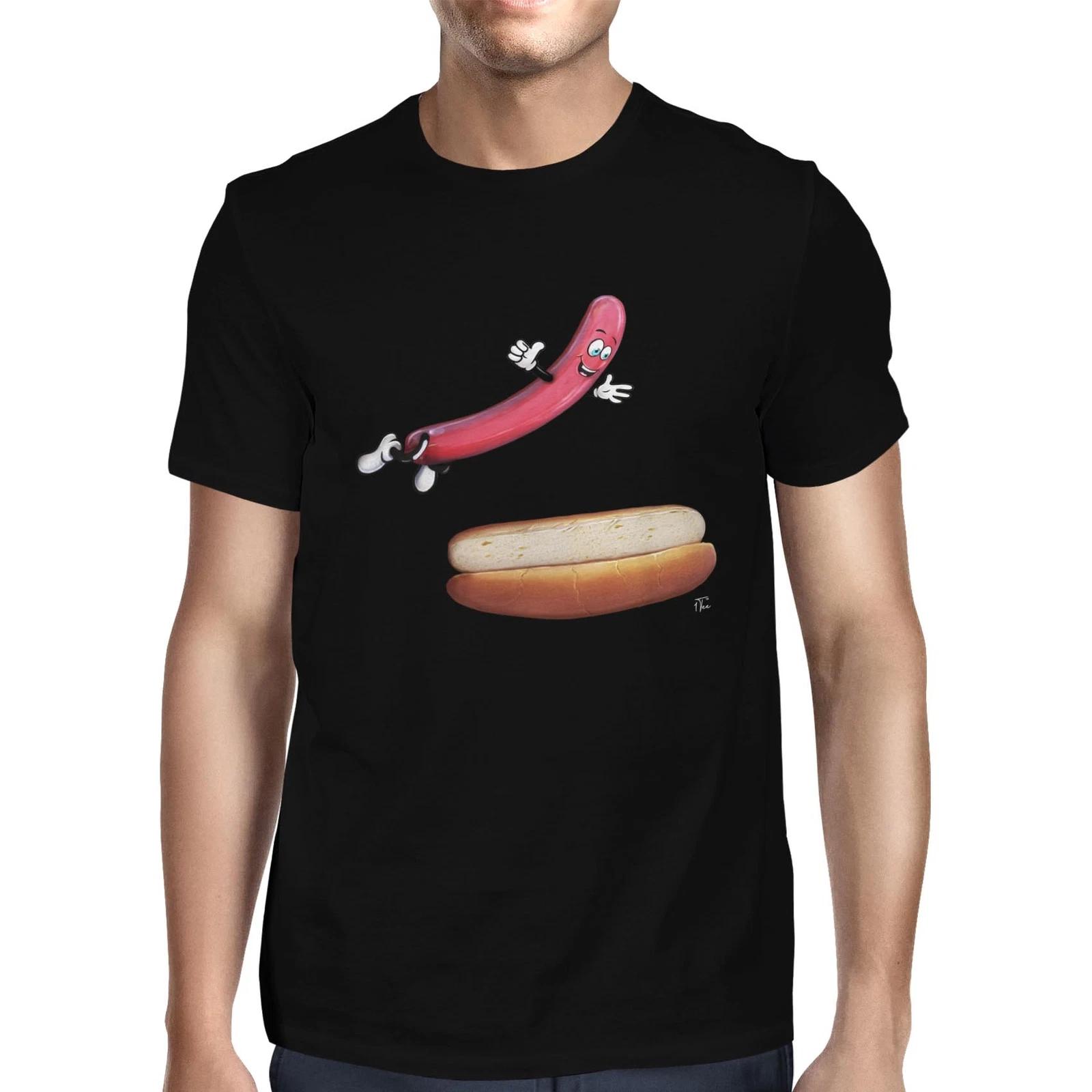 1Tee Mens Hot Dog Jumping into Bun T-Shirt S