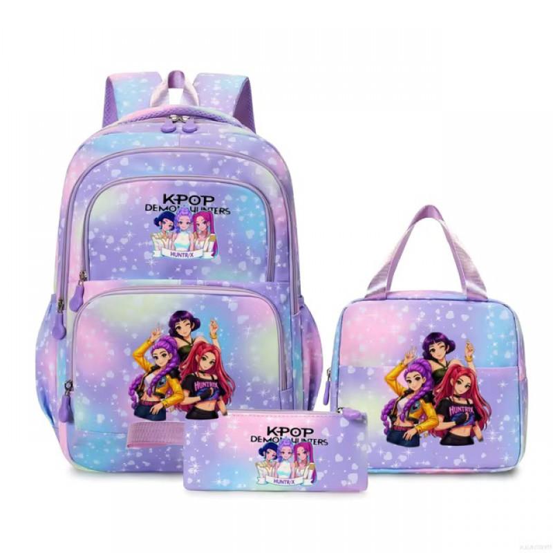 K-Pop Inspired Cartoon School Backpack Set Teen Girls 3pcs Lunch Bag Main Pencil Case Arc Shoulder Straps British Style