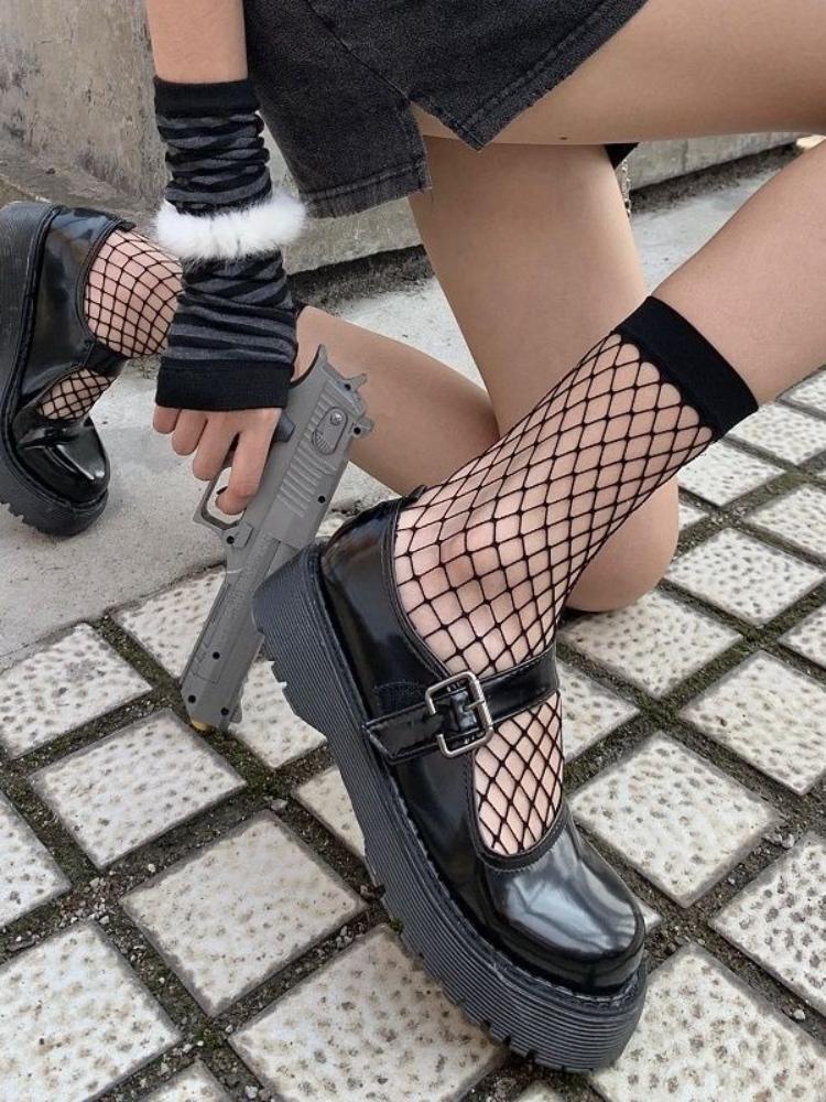 

Черные прозрачные сетчатые носки до щиколотки JK Женские готические Лолита Летний тонкий стиль Y2K Сексуальные с ажурной сеткой Дышащие короткие носки one size чёрный