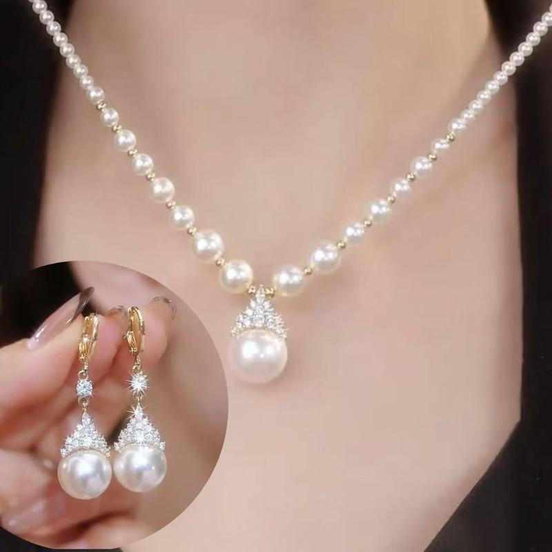 Gold Plated Pearl Drop Earrings Necklace Set With Shiny Zirconia Perfect For Wedding Party Daily Wear For Women one size
