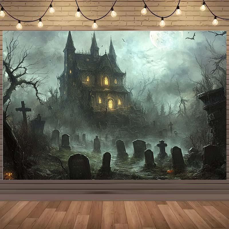 2D flat style banner Halloween haunted house backdrop - scary graveyard scene with gothic castle full moon and bats 180X110
