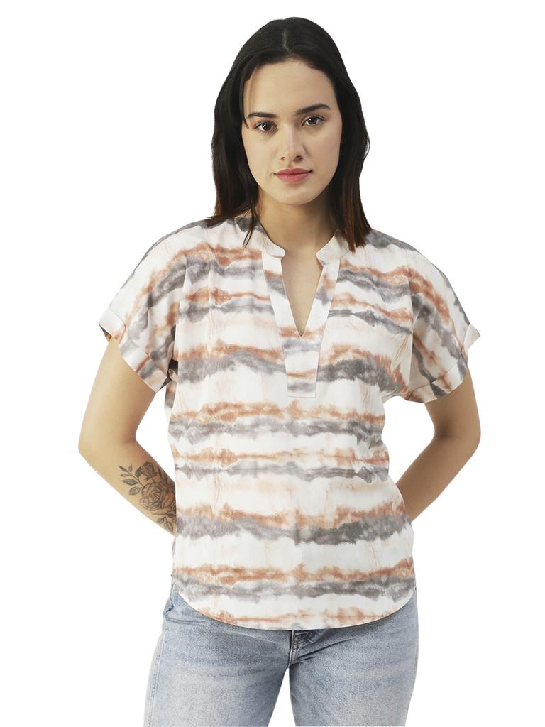 Moomaya Printed V-Neck Long Tops For Women, Short Sleeve Regular Fit Shirt