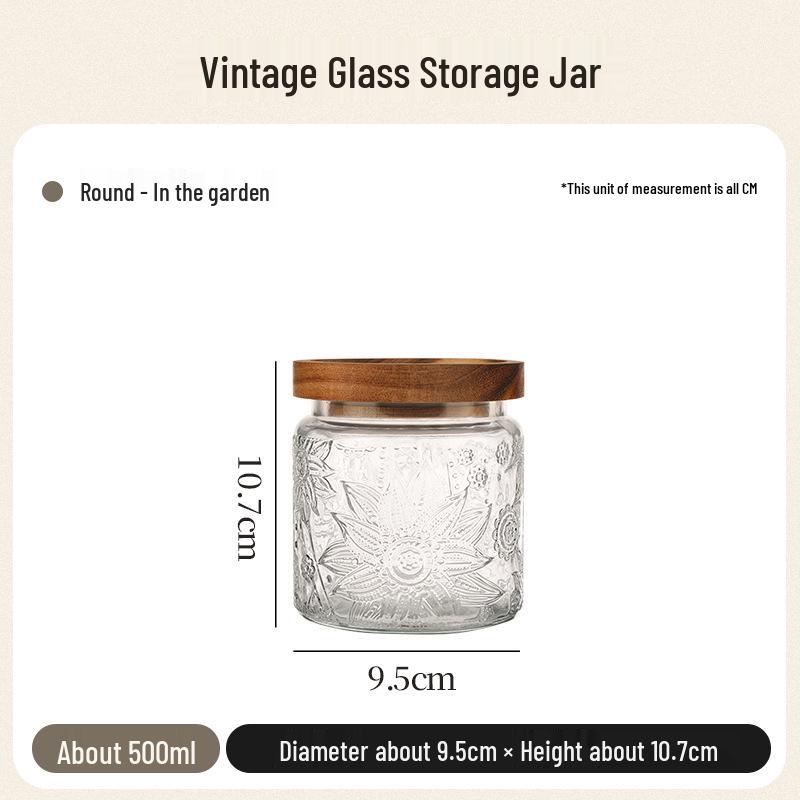 Engraved Retro Glass Storage Jar – Round Transparent Tea Can with Moisture-proof Seal