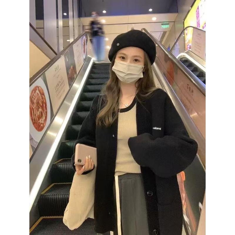 

Высококачественный вязаный кардиган женский осенне-зимний новый топ с вышивкой ленивый ветер свободный свитер куртка женская average size чёрный