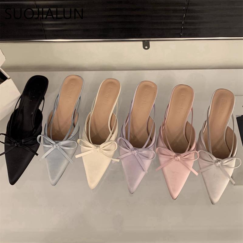 Fashion SUOJIALUN 2025 Spring New Brand Women Mules Shoes Fashion Square Low Heel Outdoor Dress Slides Pointed Toe Slip On Mules Shoes