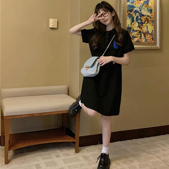 Abito a Maniche Corte Ricamato con Collo Polo Slim Fit Abbigliamento da Donna Estivo Stile College Ampio Linea A Tubino Dritto Moda Abbigliamento da Donna