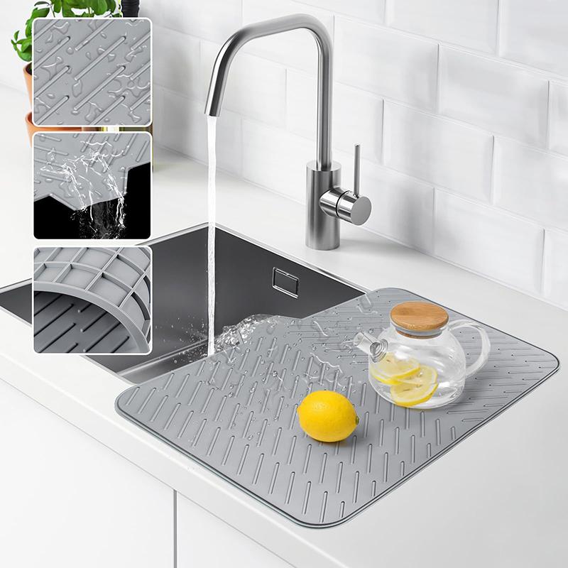 Silicone Dish Drying Mat Non-Slip Floding Countertop Mats with Built-in Drain Lip Hygienic Drying Pad for Kitchen Pot Cup