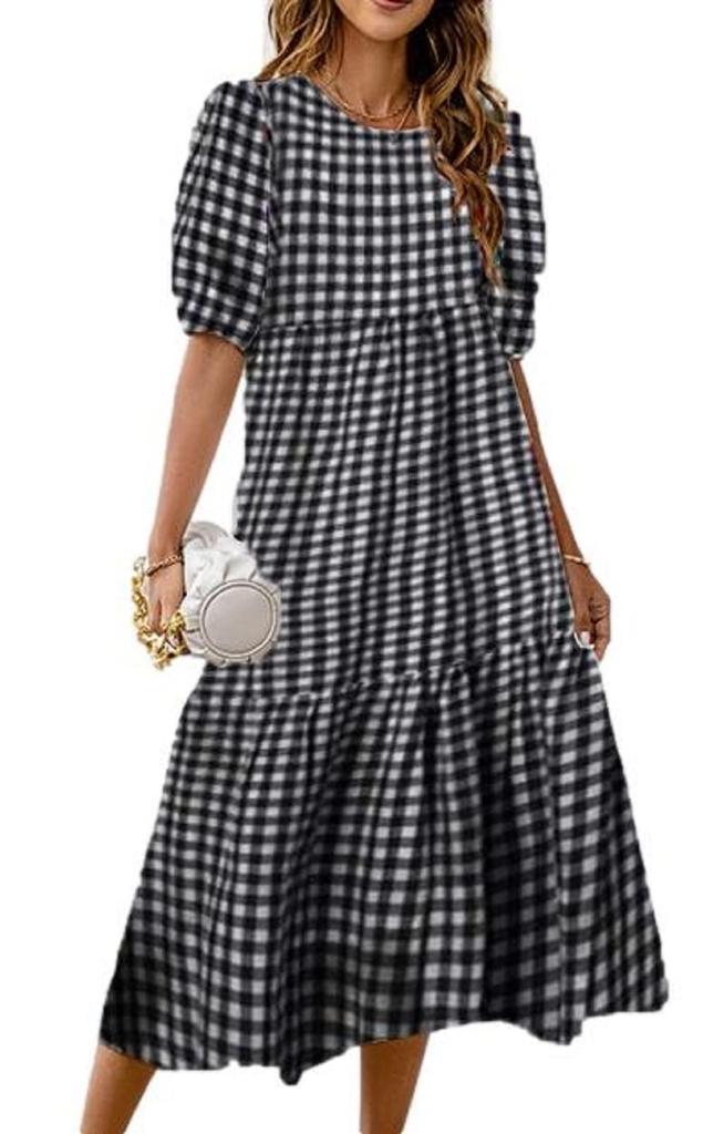 Tiered Gingham Check Floral Print Short Puff Sleeve Long Dress [1/2style] Women's A-Line (JP, Alphabet, XL, Black)