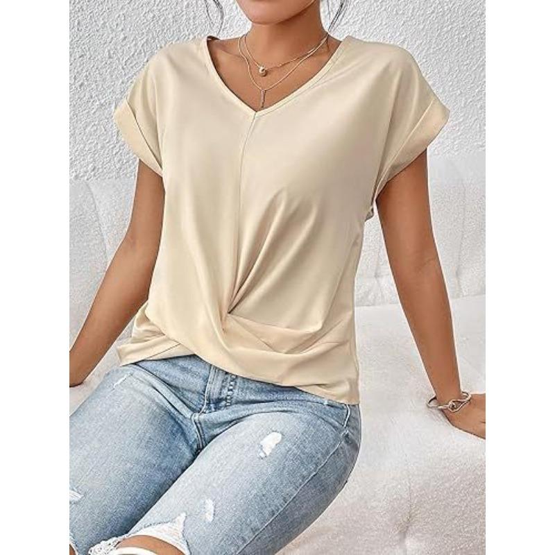 Damenmode Lässig Sommer Frühling Einfarbige Druck Kurzarm V-Ausschnitt Blusen Hemden